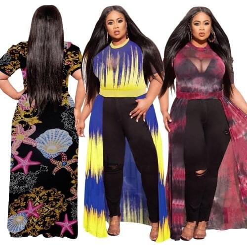 Plus Size Dresses Women Wholesale Sexy Mesh Print Irregular Hem Maxi Length Back Fashion Streetwear Summer 2021 Dropshipping