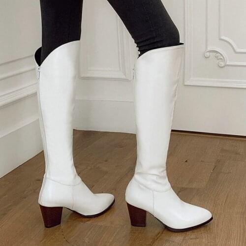 2020 New Autumn Winter Women Knee High Boots Fashion Pointed Toe Zipper Women Western Boots PU Leather Rubber Shoes Black White