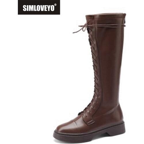 SIMLOVEYO Women Platform Mortorcycle Ridding Knee Boots Lace Up 6cm Low Square Heel Round Toe Footwear 43 Black Brown S2436