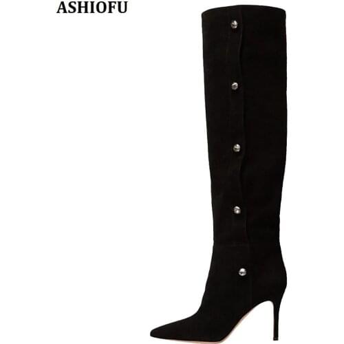 ASHIOFU Handmade New Ladies Knee High Boots Night-club Party Prom High Heel Booties Evening Fashion Winter Long Boots Shoes