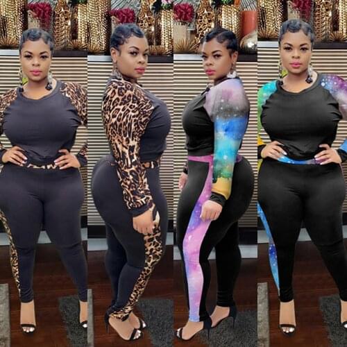 37V2016 Autumn Winter Women Casual Fashion Splicing Print Two Piece Set Top and Pants Tracksuit Sweatsuit Outfits