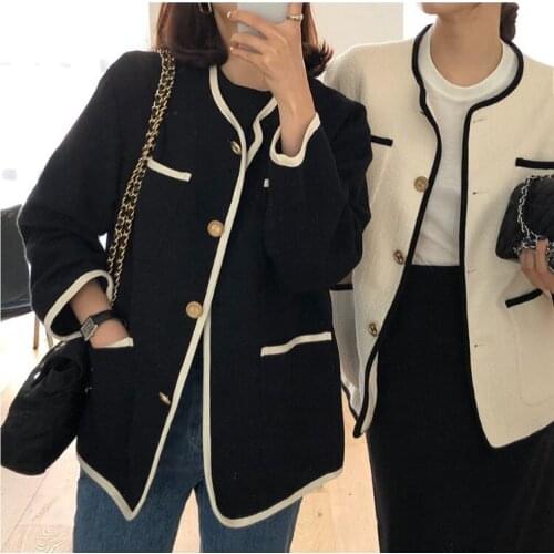 2021 Autumn Winter Vintage Tweed Jacket Women Long Sleeve Single Breasted Loose Minimalist Ladies Coats Elegant HB78
