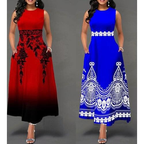 2021 Summer Women Casual High Waist A-line Print Maxi Dress Vintage O-neck Sexy Sleeveless Long Party Dress Vestidos