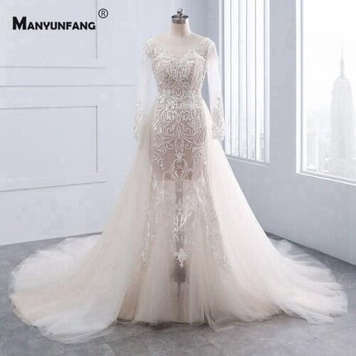 Detachable Train Lace Appliques Tulle Sheath Wedding Dress Elegant Full Sleeve O-Neck Backless Bridal Gown Robe De Mariée 2021