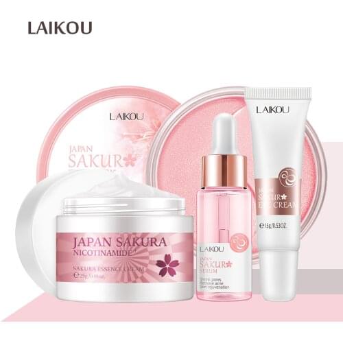 4Pcs Face Skin Care Set Cherry Blossom Essence Moisturizing Collagen Eye Cream & Face Serum & Eye Mask Beauty Makeup Set
