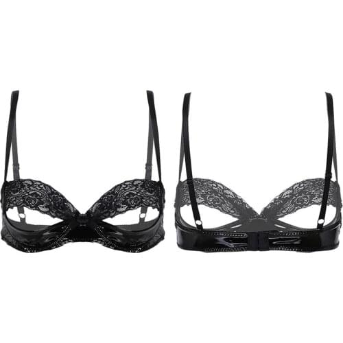 Womens Ladies Lace Splice Patent Leather Unlined Bra Tops Open Bra Nipples Hole Sissy Exotic Lingerie Bras Sexy Nightwear