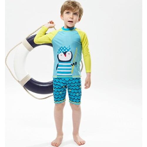 Childrens two piece Penguin swimwear for medium/big boys Long sleeve Sun-proof Fast dry Swimming suit Bathing suit
