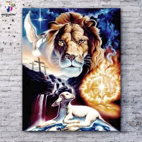 DIY colorings pictures by numbers with colors The lion and the sheeppicture drawing painting by numbers framed