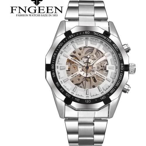 FNGEEN A001 New High-end Stainless Steel Band Fully Automatic Hollow Business Mechanical Mens Watches Leisure Wristwatch