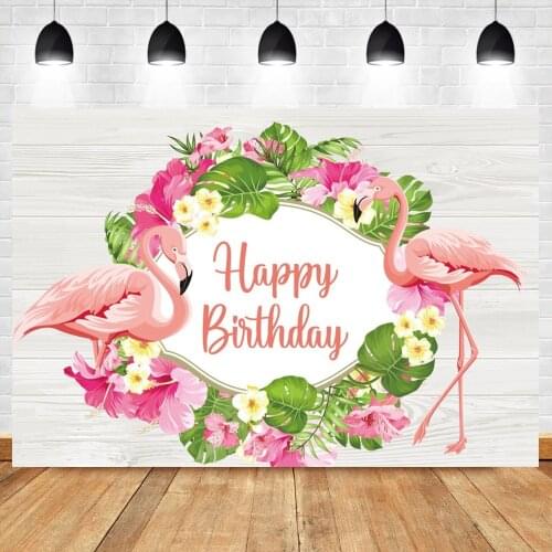 Laeacco Flamingo Tropical Plants Flower Photography Backdrop Happy Birthday Wood Boards Child Customized Photocall Background