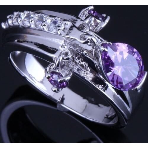 Graceful Water Drop Purple Cubic Zirconia White CZ Silver Plated Ring V0397