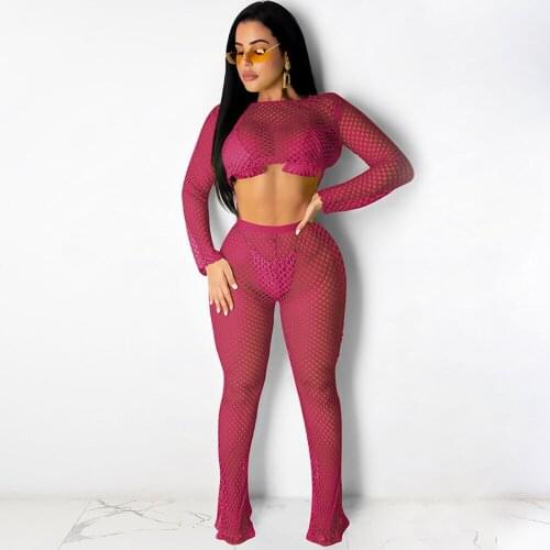Rose Red Fishnet Hollow Out Long Sleeve Super-short Tops and Bell Bottom Flare Long Trouser for Women Summer Beach 2 Pcs Suits