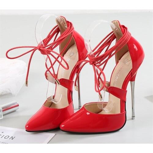Cross-Lace-up Women Shoes 16cm Extreme High Heels Sexy Fetish Shoes Ladies Patent Leather Models Show Work Shoes plus Size35-46