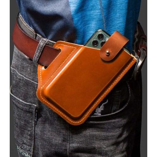 Mens Portable Sports Running Mobile Phone Storage Belt Bag Genuine Leather Crazy Horse Leather Mens Belt Ultra-thin Belt Bag