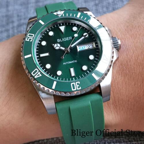BLIGER Sunburst Light Green SUB 40mm Automatic Men Watch 24 Jewels NH36A Weekday Date Calendar Rubber Band Date Magnifier
