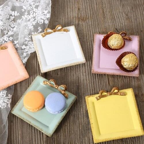 Nordic Square Dessert Plate Retro Bow Cake Tray Decorative Tea Cup Saucer Salad Dish Resin Desserts Tray Pink Yellow Green