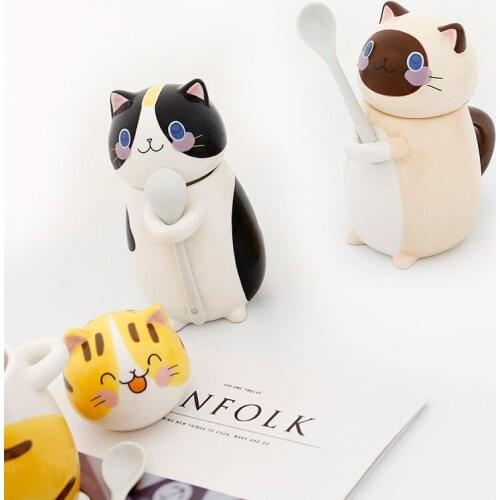 New Cute Cat Ceramics Coffee Mug With Spoon Creative Hand Painted Drinkware Milk Tea Cups Novelty Gifts