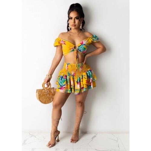 New 2021 Summer Swimsuit Europe And The United States Sexy Women Swimsuit 2 Piece Print Chest Wrap Top + Beach Skirt 2 Piece