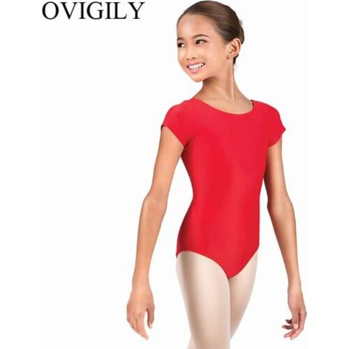 OVIGILY Girls Team Basic Short Sleeve Leotards For Gymnastics Kids Pink Leotards Lycra Spandex Dance Bodysuit One Piece Swimsuit