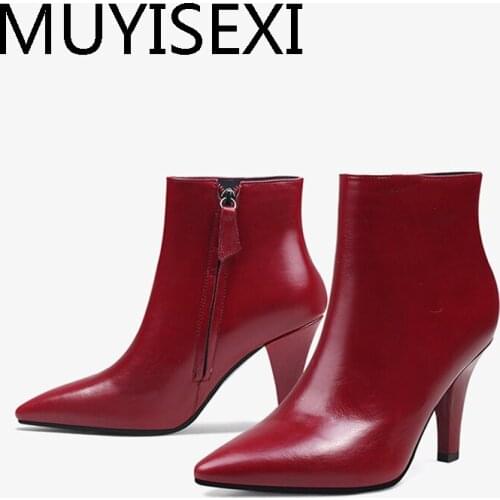 Sexy fashion genuine leather side zip handmade all-match pointed toe 8cm high heels brand office lady dress boots HL301 MUYISEXI