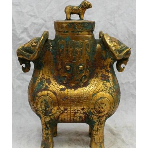 USPS to USA S1557 14" Folk Chinese Dynasty Palace Old Bronze Gilt Sheep Head Statue Zun Jar PotPot