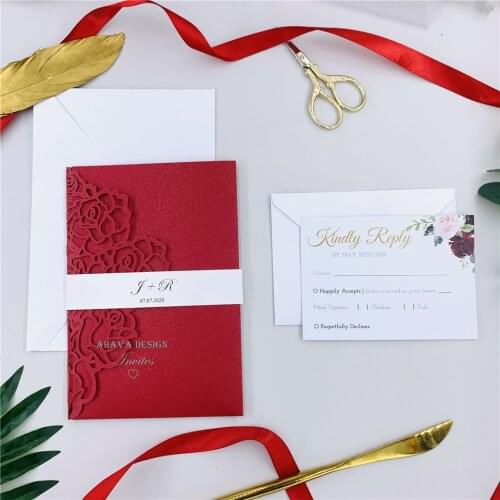 Splendid Red Personalized Laser Cut wedding invitations With RSVP Card And Belly Band, invitaciones de 15