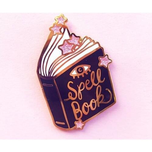 Gorgeous Magic Spell Book Hard Enamel Pin Fashion Glitter Pink Star Gold Brooch Mysterious Witchcraft Books Badge Halloween Gift