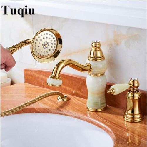 Vidric Bathtub Faucet Brass Gold Deck Bathroom Sink Faucet Set 3 PCS Brass and Jade Handheld Shower Washroom Basin Mixer Tap