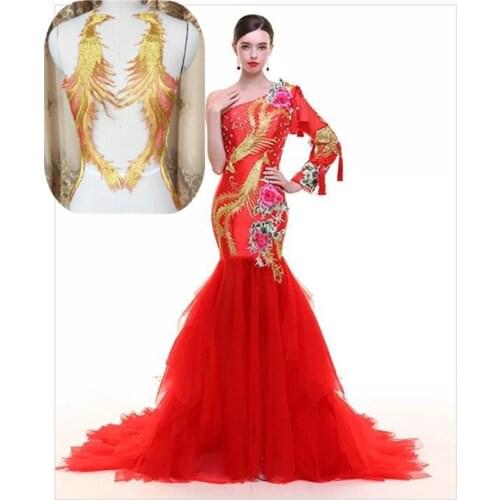 High-quality Super gorgeous Lace embroidery patches Golden sequins Red Eugen yarn Phoenix Applique for DIY dress Wedding dress 3