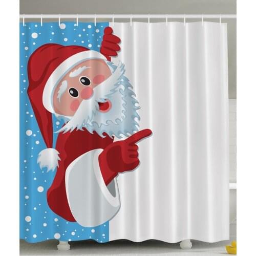 Christmas Santa Claus Holiday New Year Print Polyester Fabric Shower Curtain Blue White Red