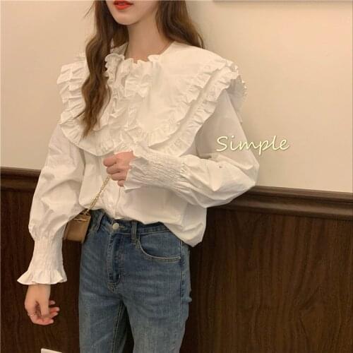 Elegant Court Style Ruched Stand Collar Pullover Blouse Flare Sleeve Ruffles Patchwork Shirts Women 2021 Autumn Sweet Solid Tops
