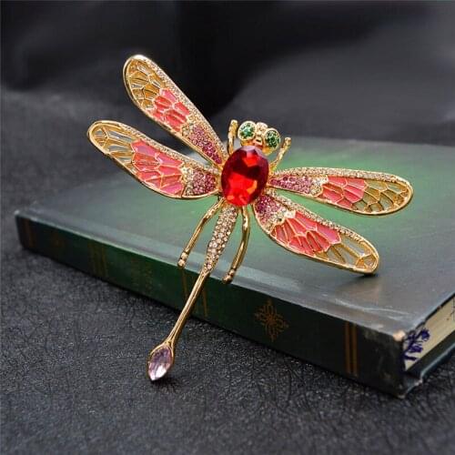 New Fashion Luxury Vintage Cute Dragonfly Brooches Big Green Color Crystal Enamel Animal Brooch Lady Party Pins Birthday Gifts
