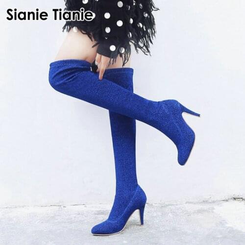 Sianie Tianie sexy glitter bling stretched fabric thin high heels blue red sliver over the knee high boots women long booties