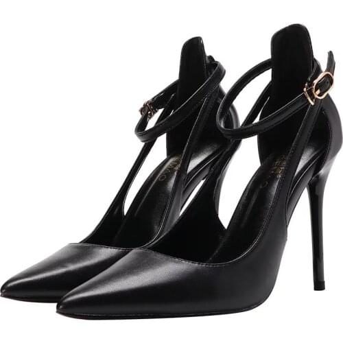 Spring and Autumn 2021 New Pointy Sexy Hollow Buckle with Comfortable Shoes Black Professional Stiletto Heels Female OL Wind