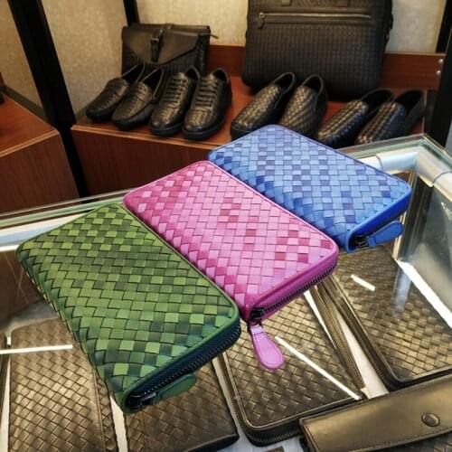 Womens Soft Leather Hand Wallet Luxury Brand Long Woven Zipper Large Capacity Sheepskin Purse Credit Card And Mobile Phone Bag