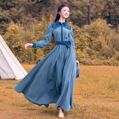Free Shipping New Boshow Autumn Vintage Long Maxi Long Lantern Sleeve Dress High Waist Turn Down Collar Cotton Corduroy Stripe