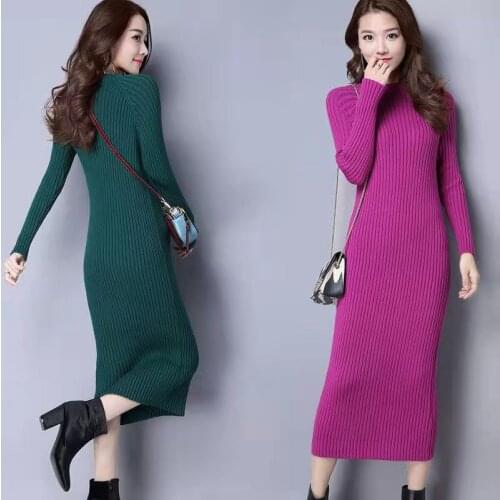 Korean Style Knitted Womens Dress Spring Autumn Medium Length Long Sleeve Slash Neck Thick Warm Dress Fashion Vestidos Femme