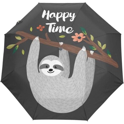 Cute Sloth Three Folding Umbrella Suny Rainy Women Automatic Umbrella Anti-UV Windproof Parasol For Men Portable Black Coating