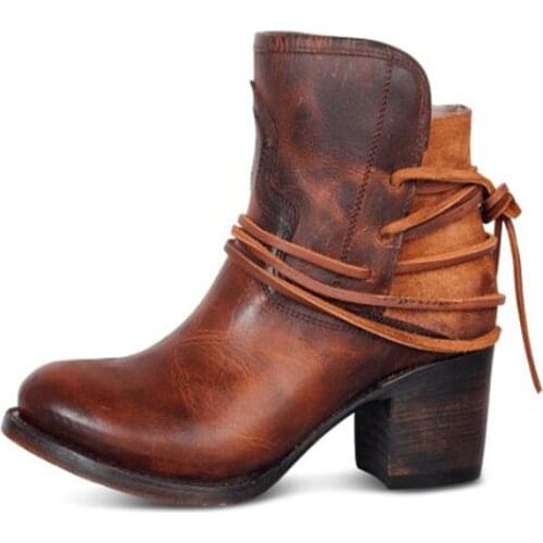 2020 new ladies ankle boots block high heels Botas Zapatos Mujer retro leather winter shoes women plus size short boots