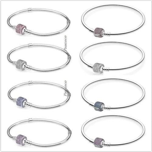 Authentic 925 Sterling Silver Signature Clasp Crystal Snake Chain Bracelet Bangle Fit Women Bead Charm Pandora Jewelry