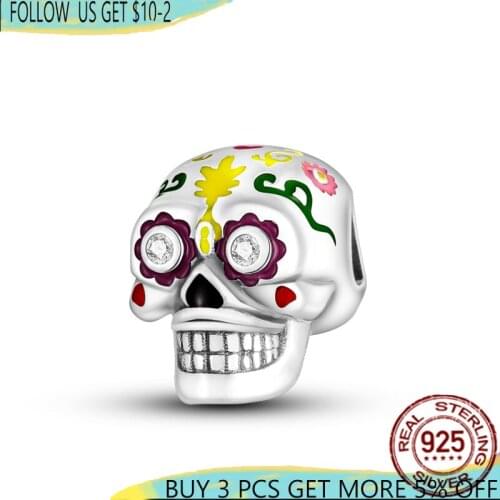 2021 NEW 925 Sterling Silver Painted Skull Beads Charms Fit Original Pandora Bracelet Bangle Making DIY Women Jewelry Gift