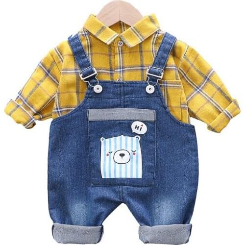 Childrens Clothing Boys Girls Cotton Plaid Shirt + Denim Bib Two-piece Suits Toddler Sport Clothes Sets Tracksuits 1 2 3 4 Ages