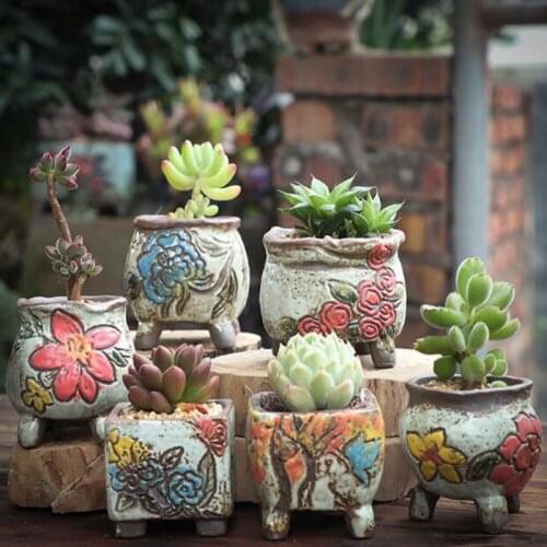Coarse Pottery Retro Colorful Painted Flower Pot with Foot Stand Succulent Plant Flowerpot Bonsai Planter Vase Desktop Ornaments