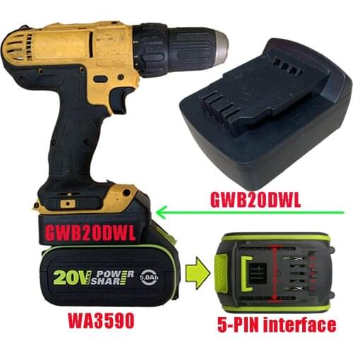 GWB20DWL Adapter Converter use Worx Green 5 Pin Wide Interface 20V Li-ion Battery on De Walt 18V 20V Lithium Electric Power Tool