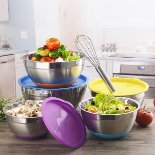 Colorful 304 Stainless Steel Salad Bowl With Lid Non-Slip Silicone Bottom Kitchen Anti-scald Baking Bowls Set Food Mixing Bowl