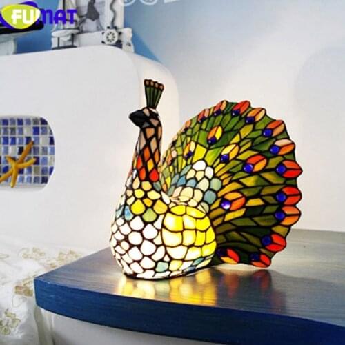 FUMAT Tiffany Table Lamp LED Peacock Stained Glass bedroom bedside lamp Shade Desk Lamps Art Home deco mariage luminaria Light