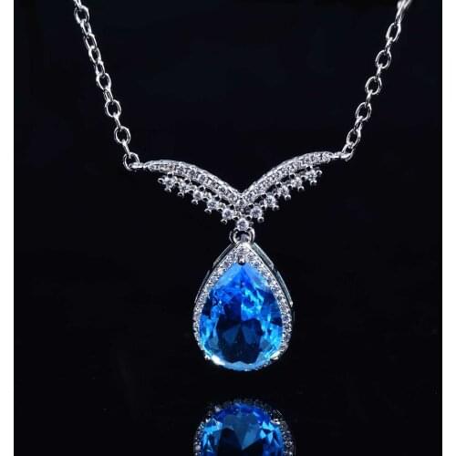 QTT 2021 New Luxury Blue Water Drop Zircon Necklace For Women 925 Sterling Silver Trendy Chain Female Jewelry Engagement Party