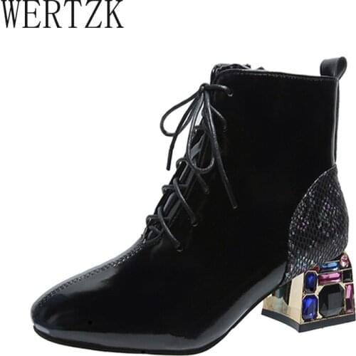 Autumn and Winter New Rhinestones with Patent Leather Martin Boots Women Stitching Sequined Short Boots Large Size Fashion Boots