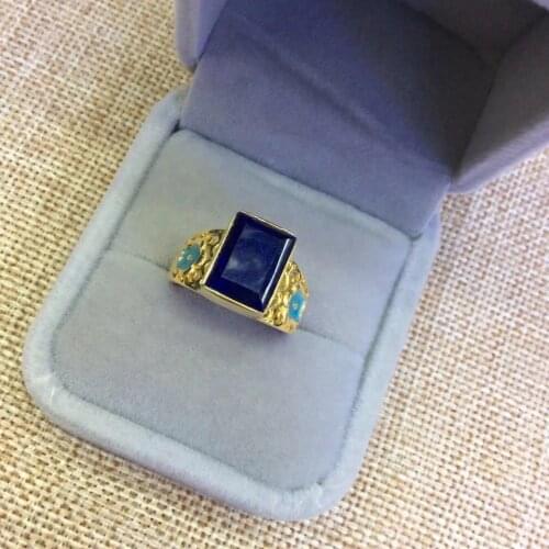 Silver S925 Sterling Silver Inlaid Natural Afghan Lapis Lazuli Blue Flowers Open Ended Ring