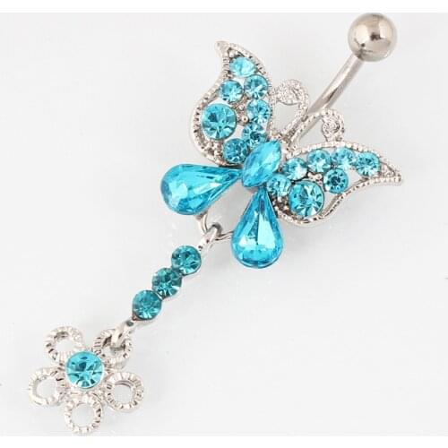 Rhinestone butterfly belly button ring Woman fashion body piercing navel ring jewelry Retail 14G 316L surgical steel bar TAIERS